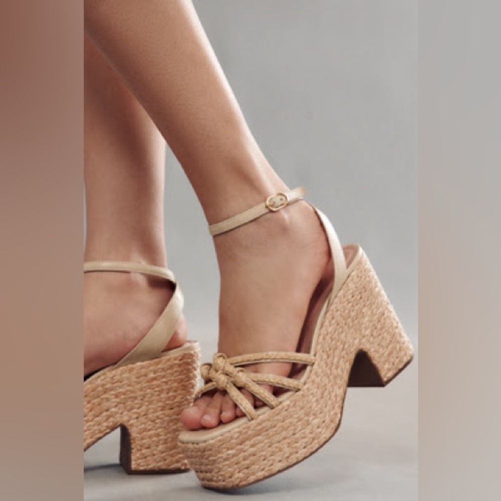 Maeve Anthropologie Leather Raffia Platform Heels